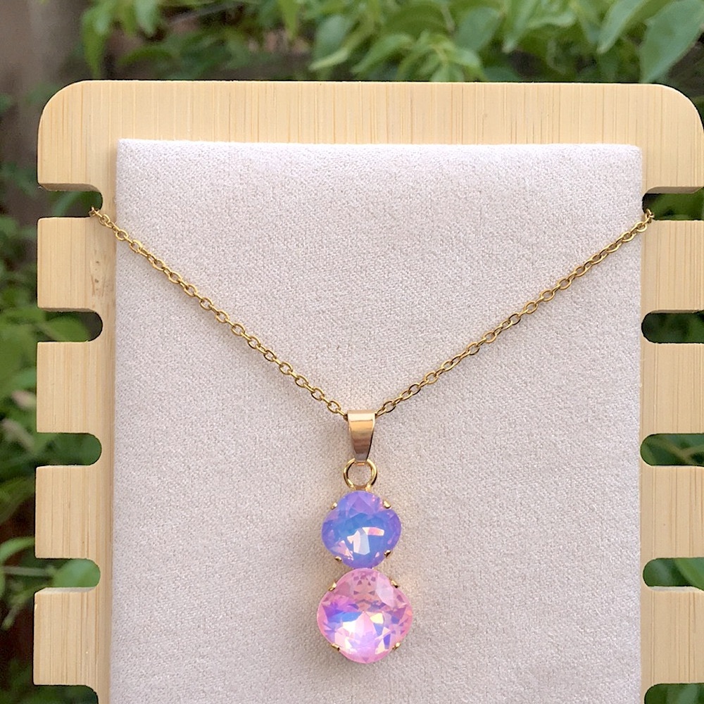 Pink + Periwinkle Purple Blue Opal Aurora Borealis + Gold Drop Pendant Necklace - Picture 8 of 12